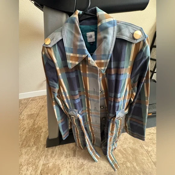 CAbi Plaid Trench Coat in Navy, Teal & Camel - Picture 4 of 4